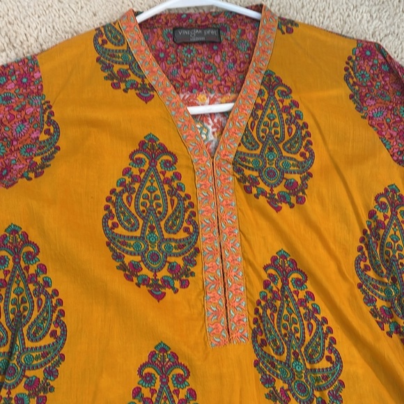 Pakistani Indian printed kurta in mustard color with some embroidery. - Picture 3 of 9